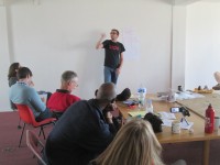 John Anderson from ACORN Canada training staff on doorknocking.