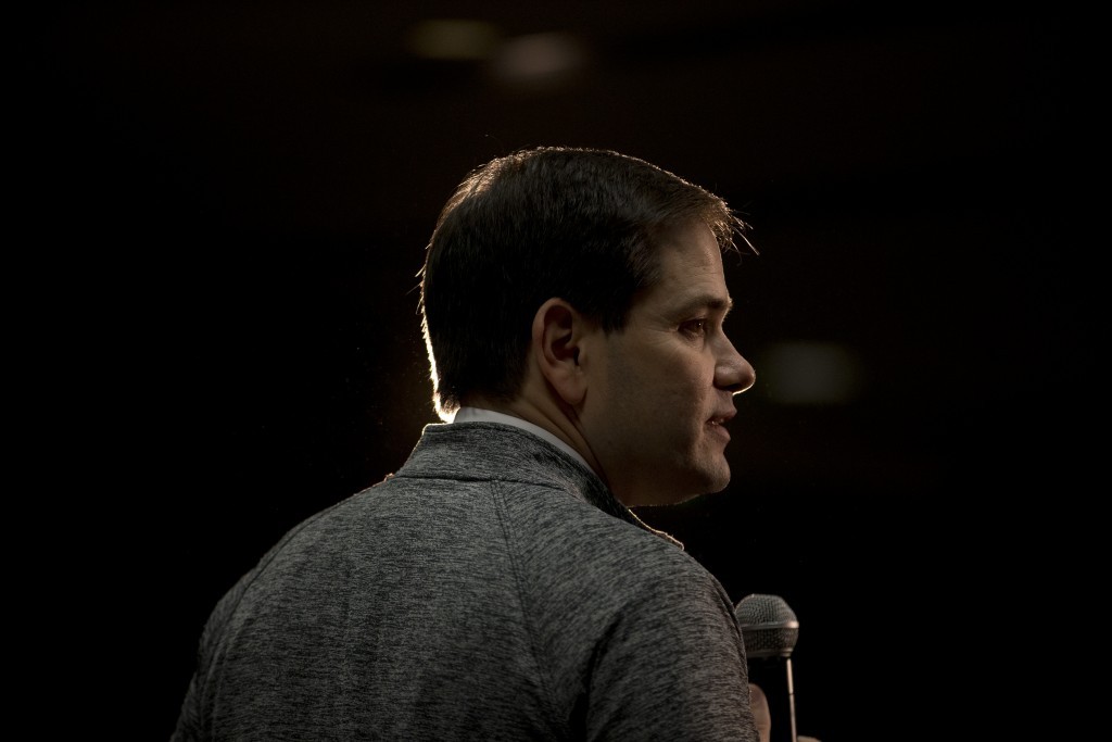 Republican presidential candidate, Sen. Marco Rubio, R-Fla., speaks during a rally Saturday, Jan. 30, 2016, in Council Bluffs, Iowa.