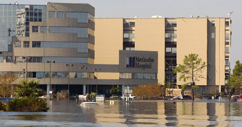 Pendleton Memorial Methodist Hospital stands partially submerged in flood waters on Sept. 8, 2005, in east New Orleans, La., in the aftermath of Hurricane Katrina. (James Nielsen/AFP/Getty Images)