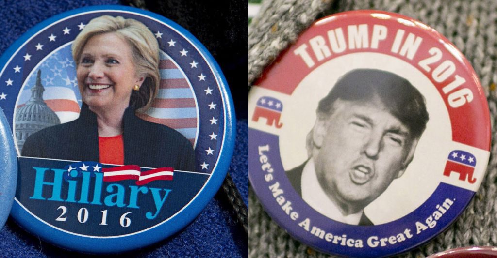 AP Photo/Mary Altaffer/Andrew Spear/The New York Times Hillary Clinton button and Donald Trump. (AP Photo/Mary Altaffer) ORG XMIT: MIN2016040813524411