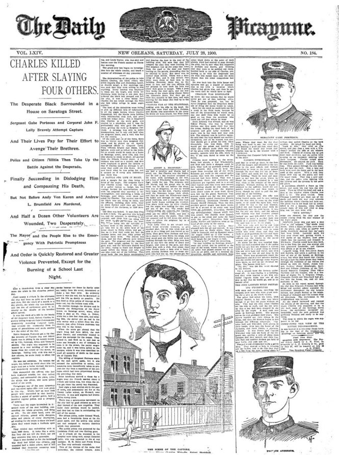 Front page of the New Orleans Daily Picayune, July 28, 1900, after Charles was killed