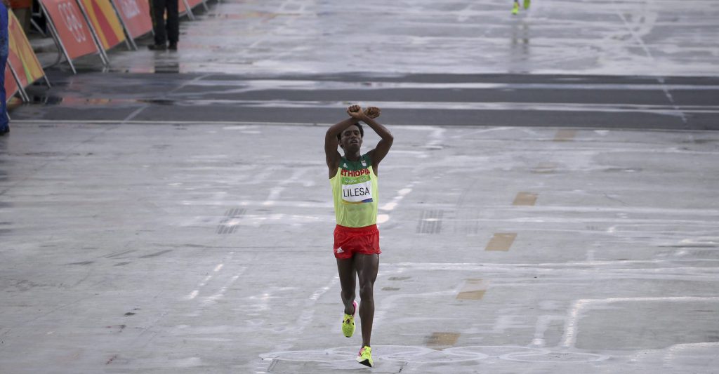 Feyisa Lilesa protesting at the Rio Olympics